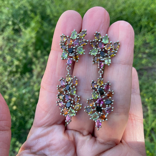 Sterling Silver multi color Tourmaline fancy earring