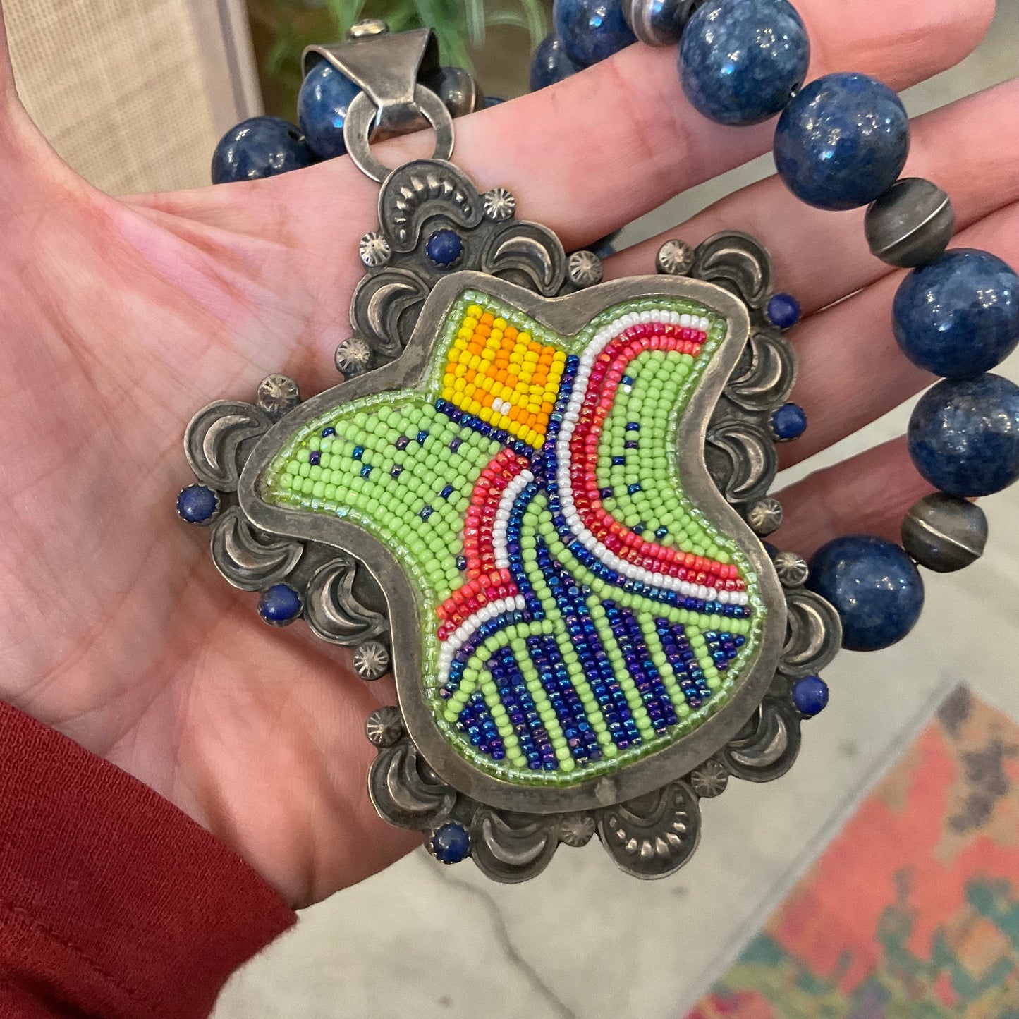 Sterling Silver beaded statement tulip necklace pendant lapis lazuli Colors Of Etnika
