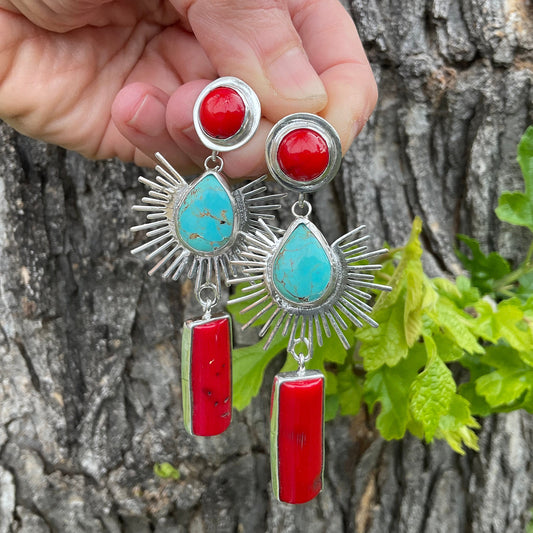 Sterling Silver turquoise coral sunburst statement dangle earrings