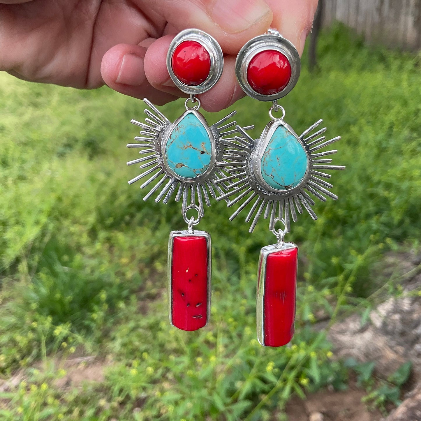 Sterling Silver turquoise coral sunburst statement dangle earrings