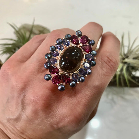 sterling Silver Smokey quartz statement pearl  ring 9