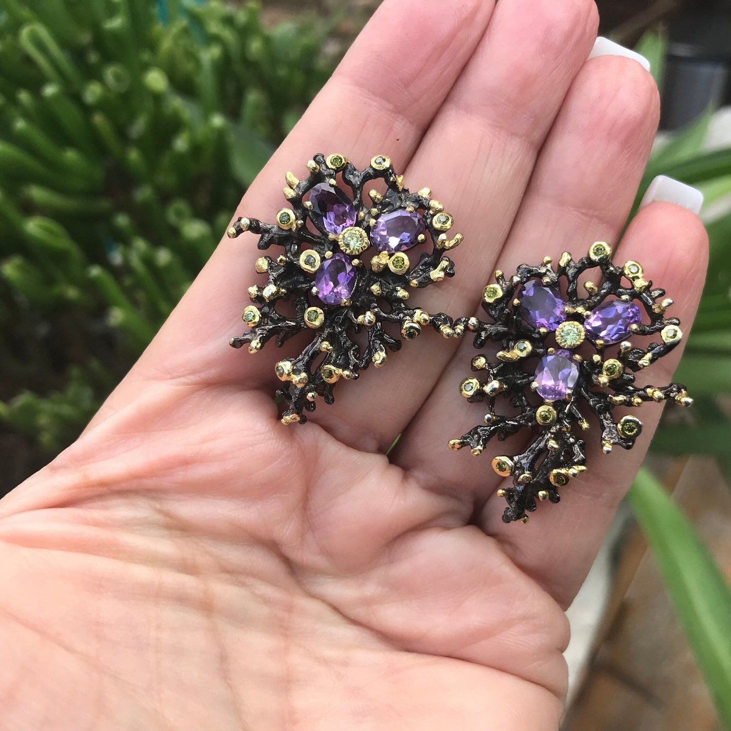Sterling silver dark amethyst large stud organic Earrings Colors Of Etnika
