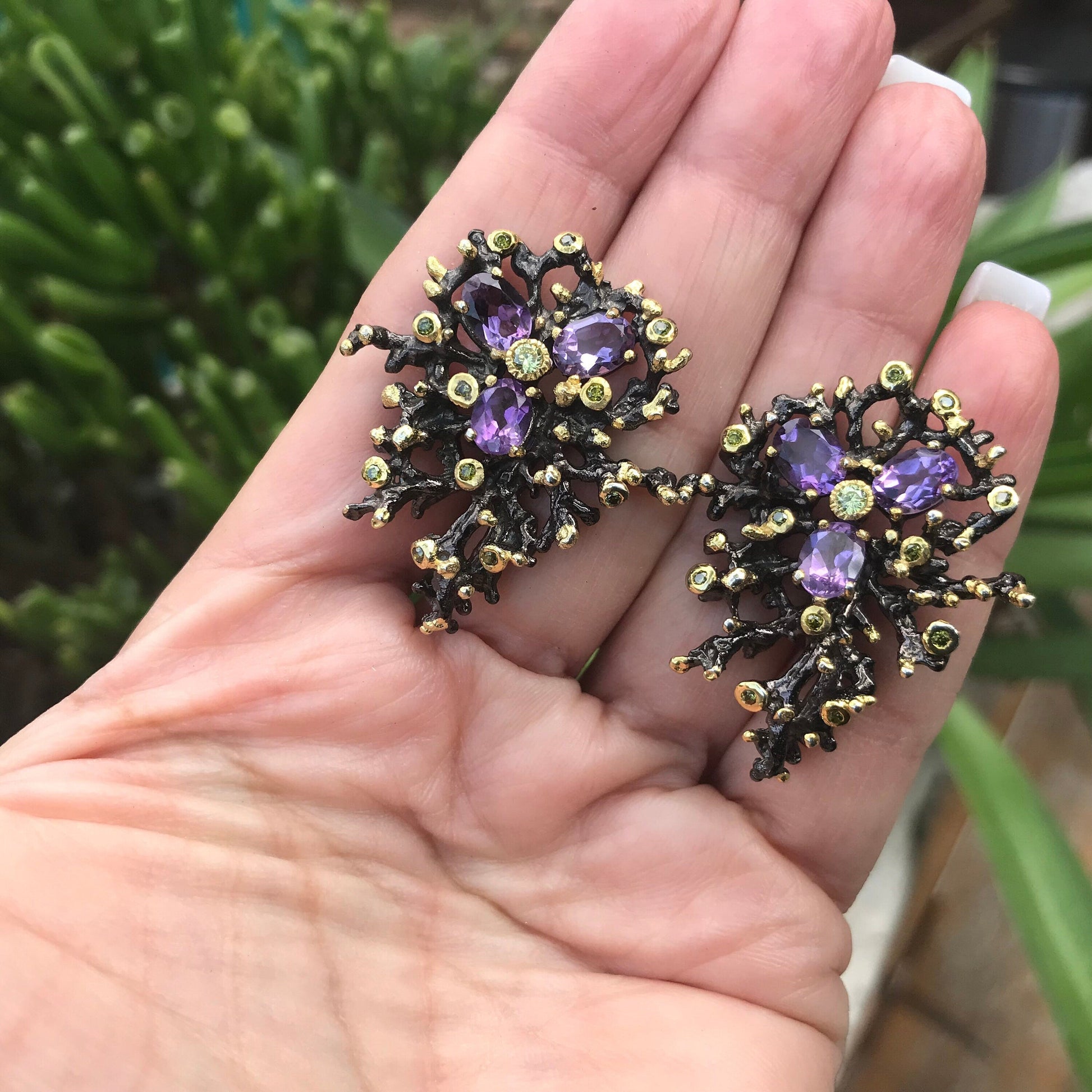 Sterling silver dark amethyst large stud organic Earrings Colors Of Etnika