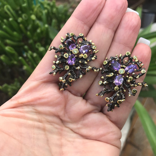 Sterling silver dark amethyst large stud organic Earrings