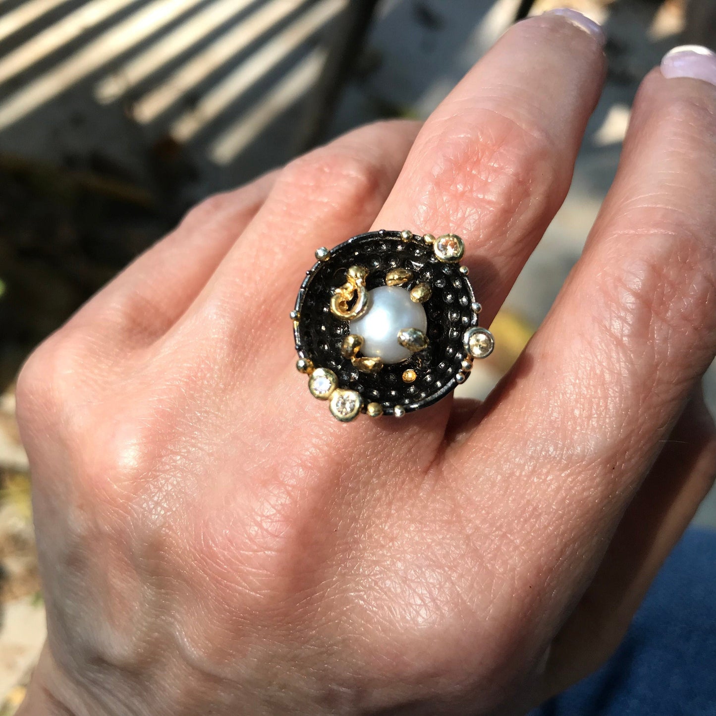Handmade Sterling Silver White Pearl natural art Ring 6.5 Colors Of Etnika