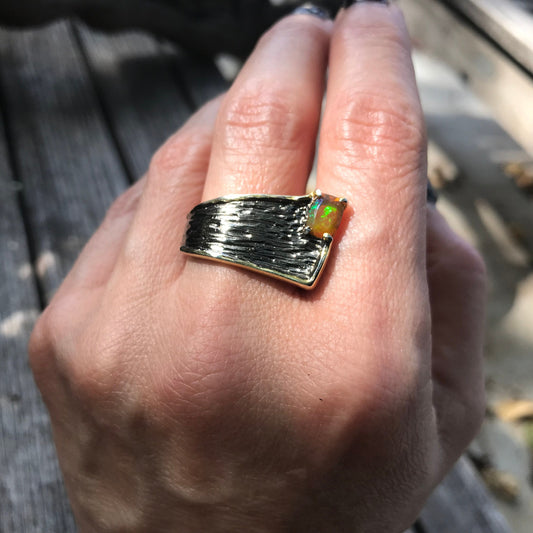 Natural Orange Rainbow opal modernist band Sterling Silver Ring 8.5