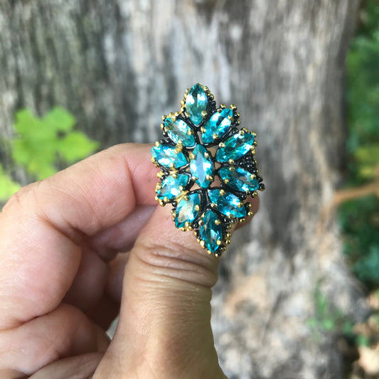 Sterling silver Blue topaz cluster statement ring 6