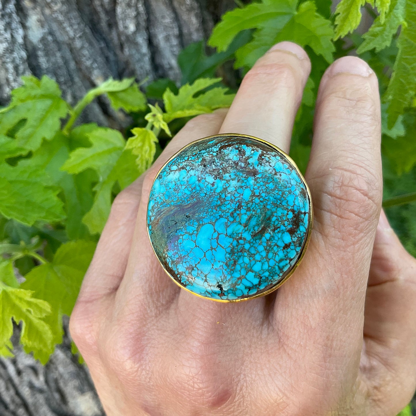 Sterling Silver Genuine Turquoise huge round ring 7.5
