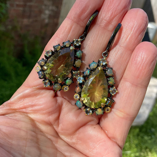 Sterling silver lemon quartz fire opal fancy earrings