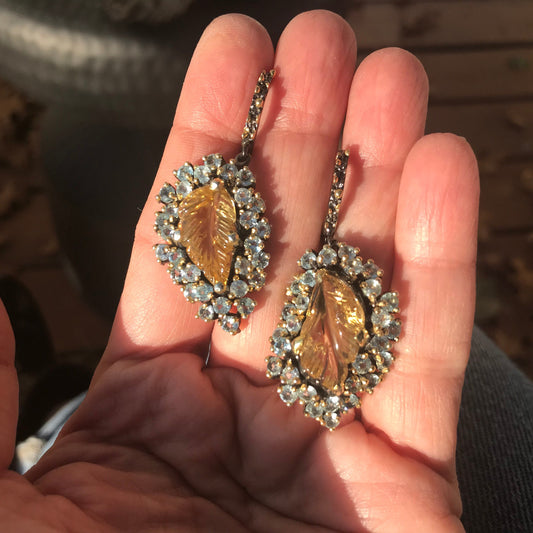 Sterling silver Natural Carved citrine blue topaz leaf Earrings