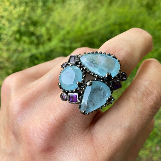 Sterling silver aquamarine amethyst statement ring 8.5