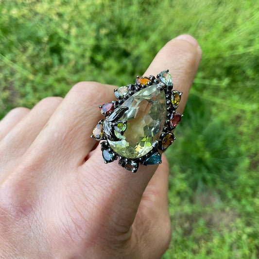 sterling Silver green amethyst tourmaline pear shape Ring 7