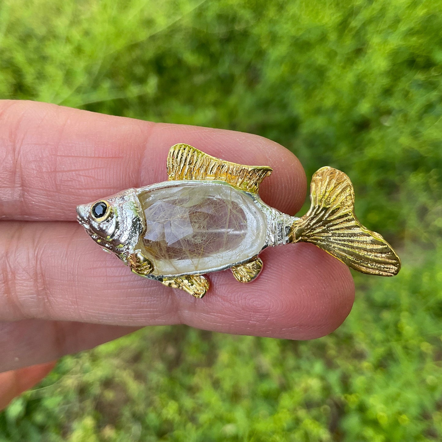 Sterling silver rutile quartz fish brooch pin