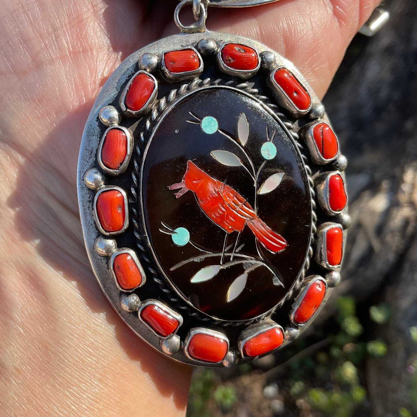 Sterling silver natural coral red cardinal inlay exquisite Native American necklace