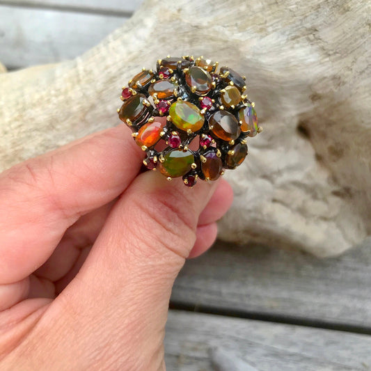 Sterling Silver Orange Rainbow Natural Opal statement Artisan Handmade Ring 7.5