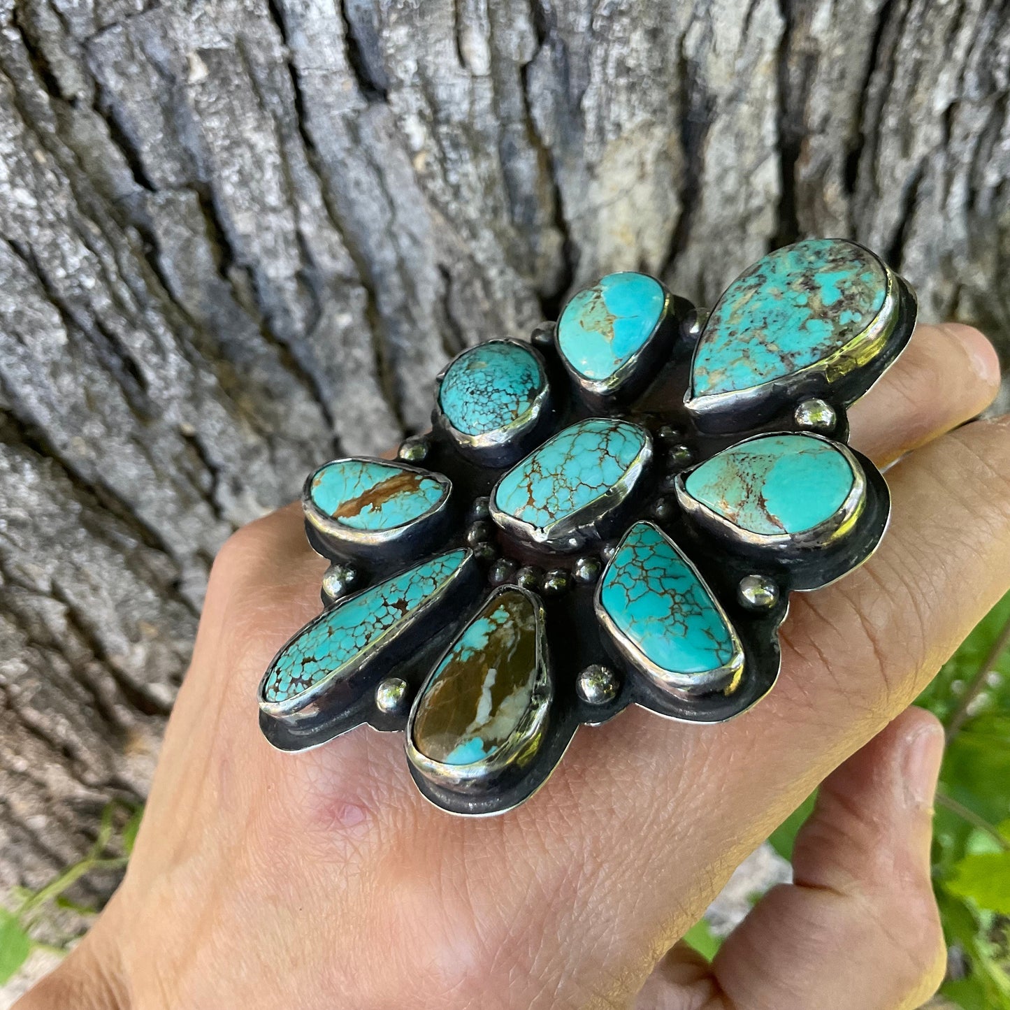 Sterling Statement turquoise huge adjustable cluster cuff ring