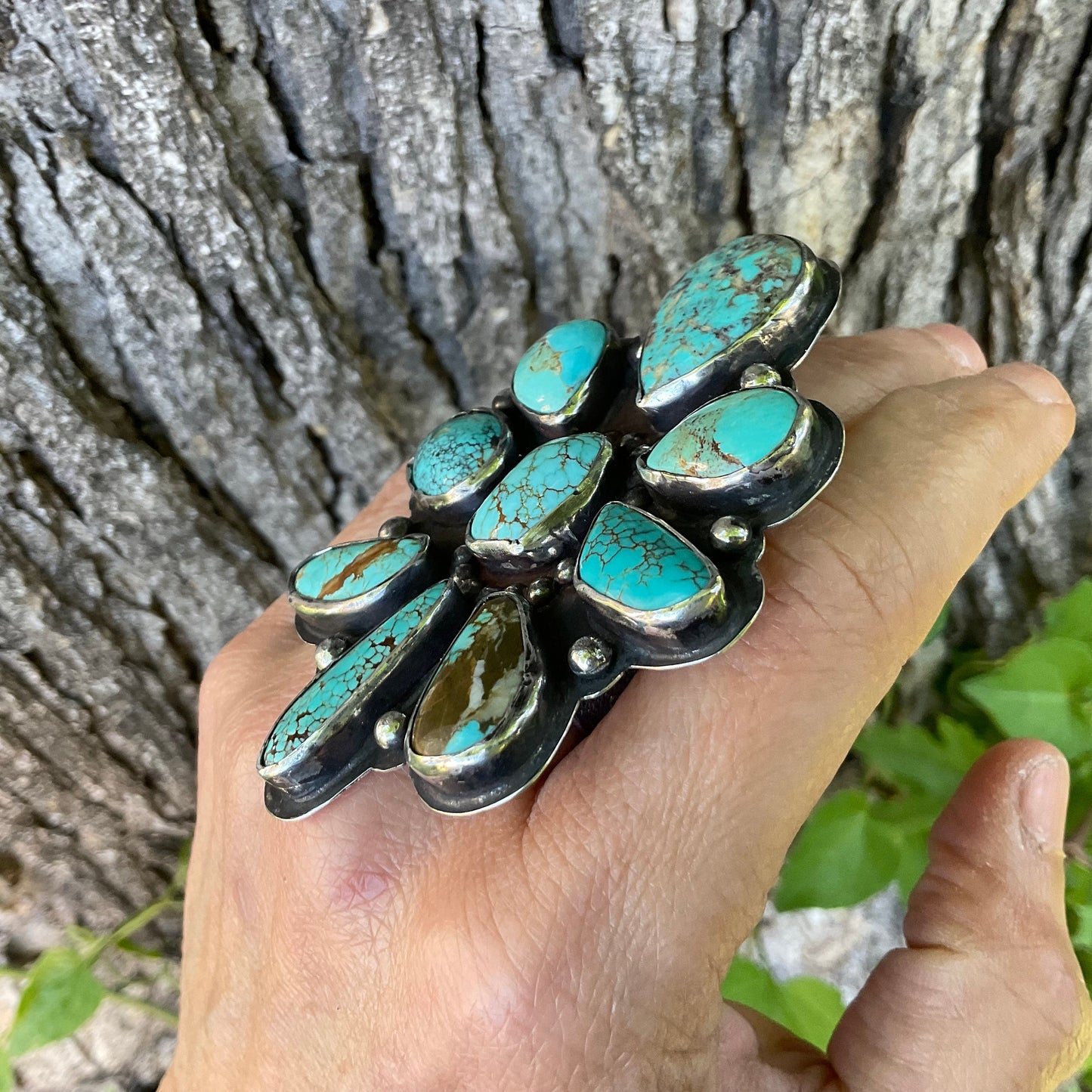 Sterling Statement turquoise huge adjustable cluster cuff ring