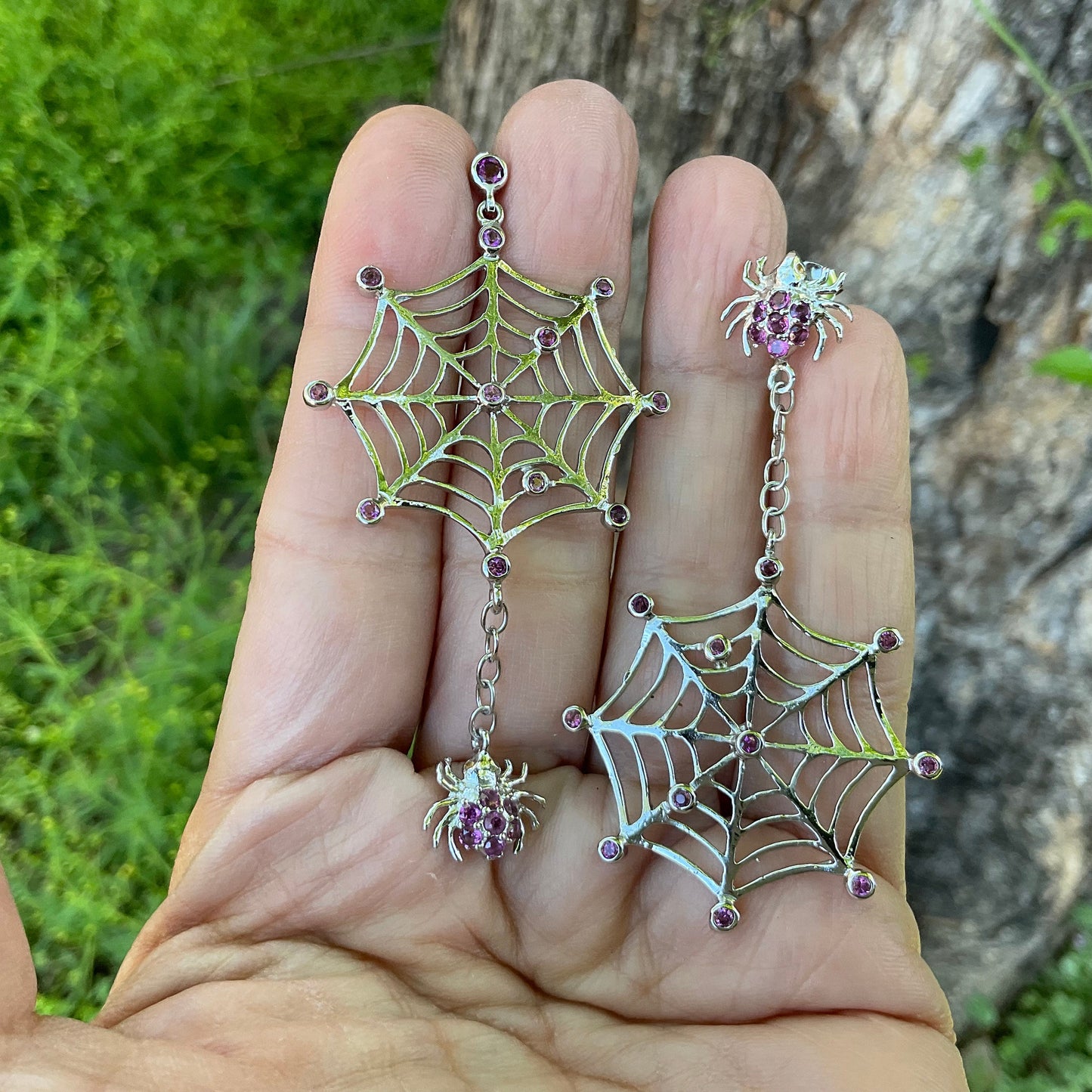 Sterling Silver Spider web sapphire Rhodolite dangle earrings