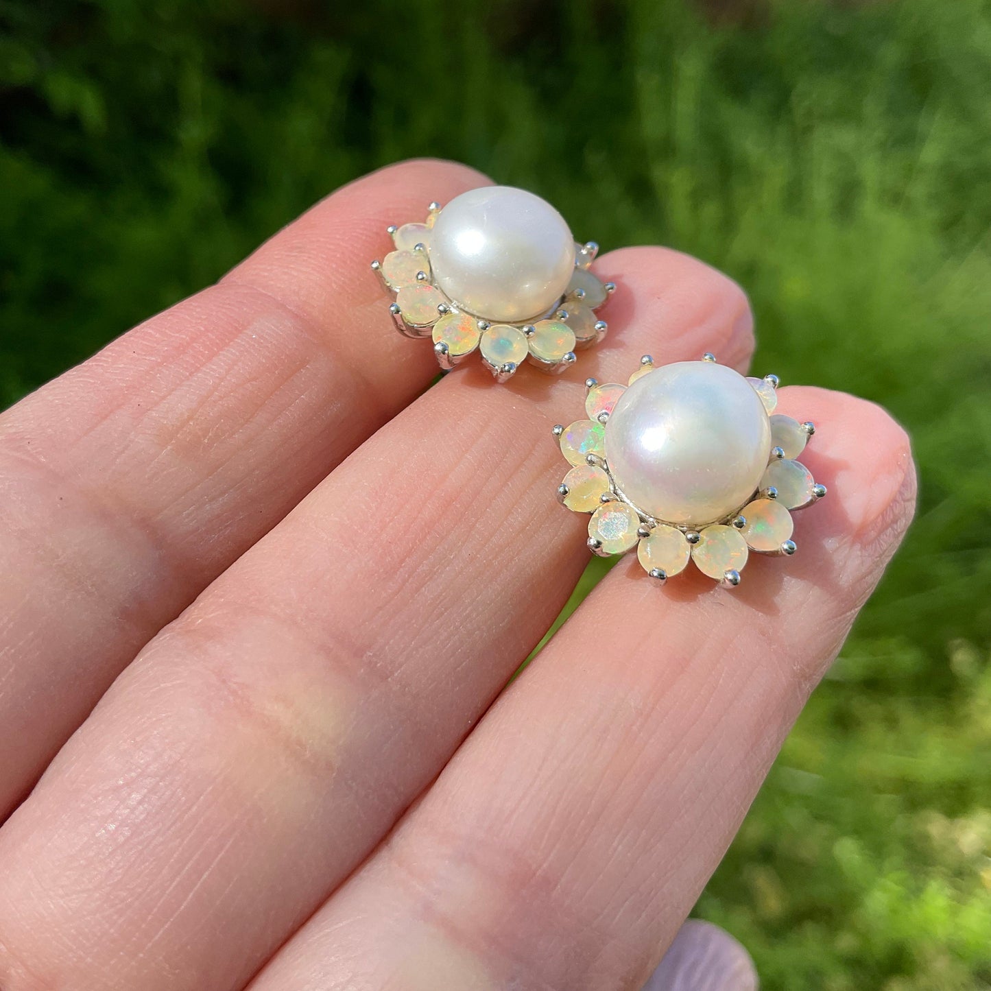 Sterling Silver Natural pearl rainbow opal post Earrings