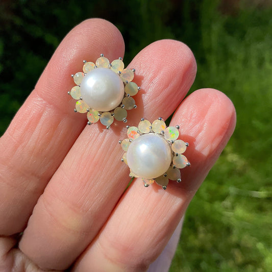 Sterling Silver Natural pearl rainbow opal post Earrings