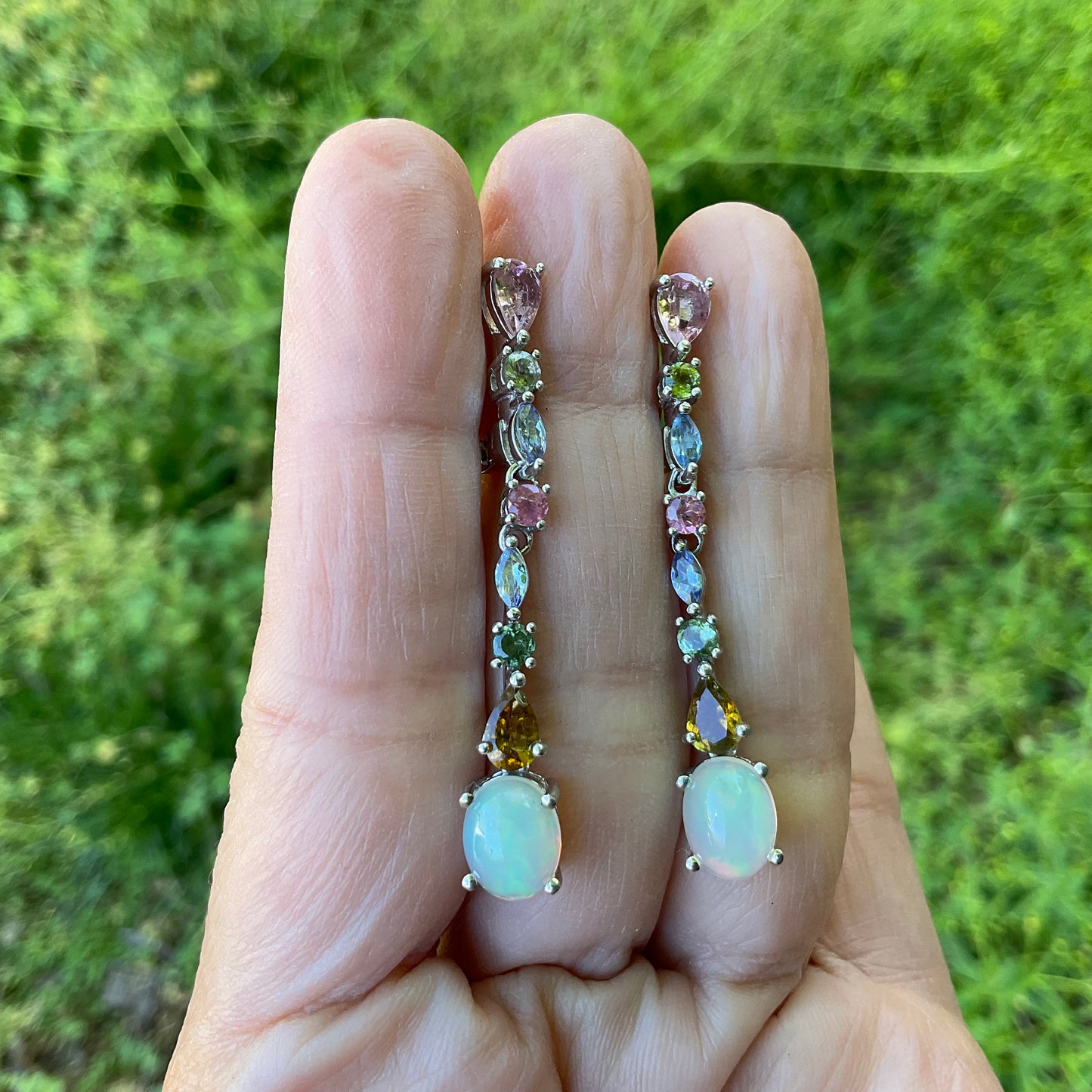 Sterling silver natural opal pink tourmaline fancy earrings