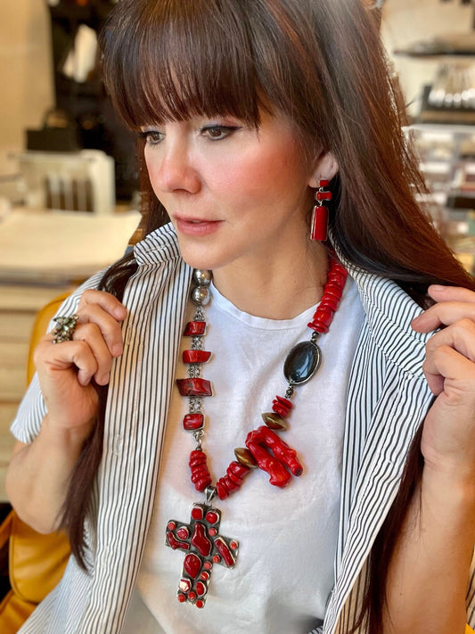 sterling silver Natural red  branch coral obsidian cross Statement necklace