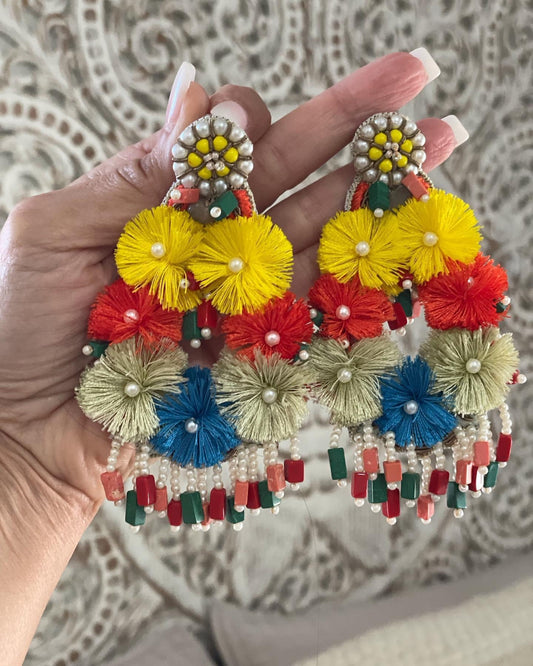 Beaded fabric color stone statement oversize resort earrings