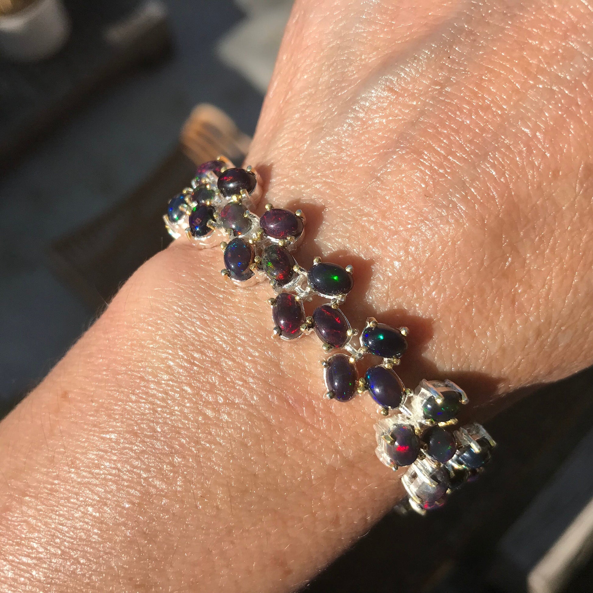 Sterling Silver Natural Black fire mesmerizing Opal tenis bracelet Colors Of Etnika