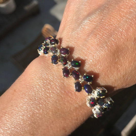 Sterling Silver Natural Black fire mesmerizing Opal tenis bracelet