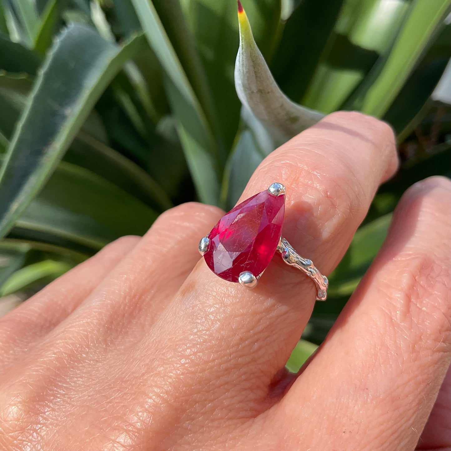 sterling silver ruby solitaire pear shape twig organic ring 6