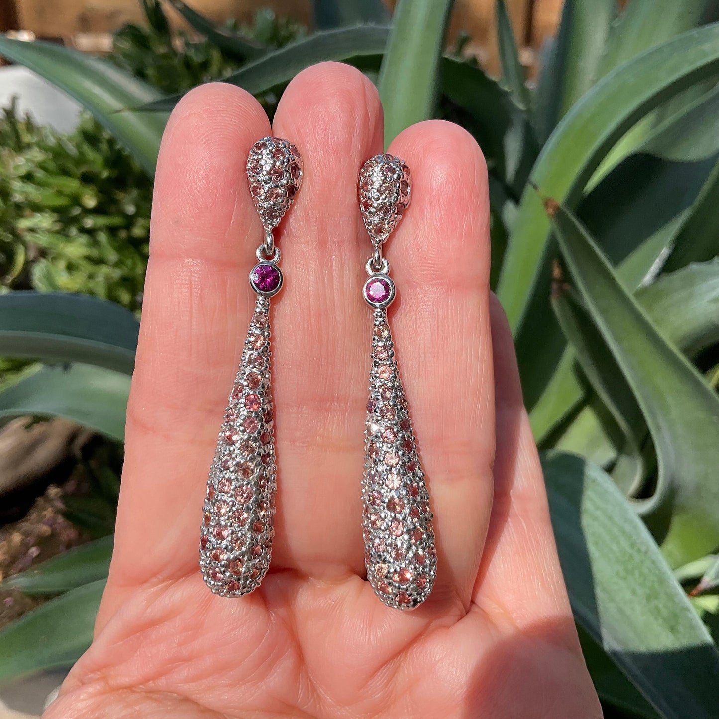 sterling silver Diamond Cut pink Sapphire dangle fancy earrings