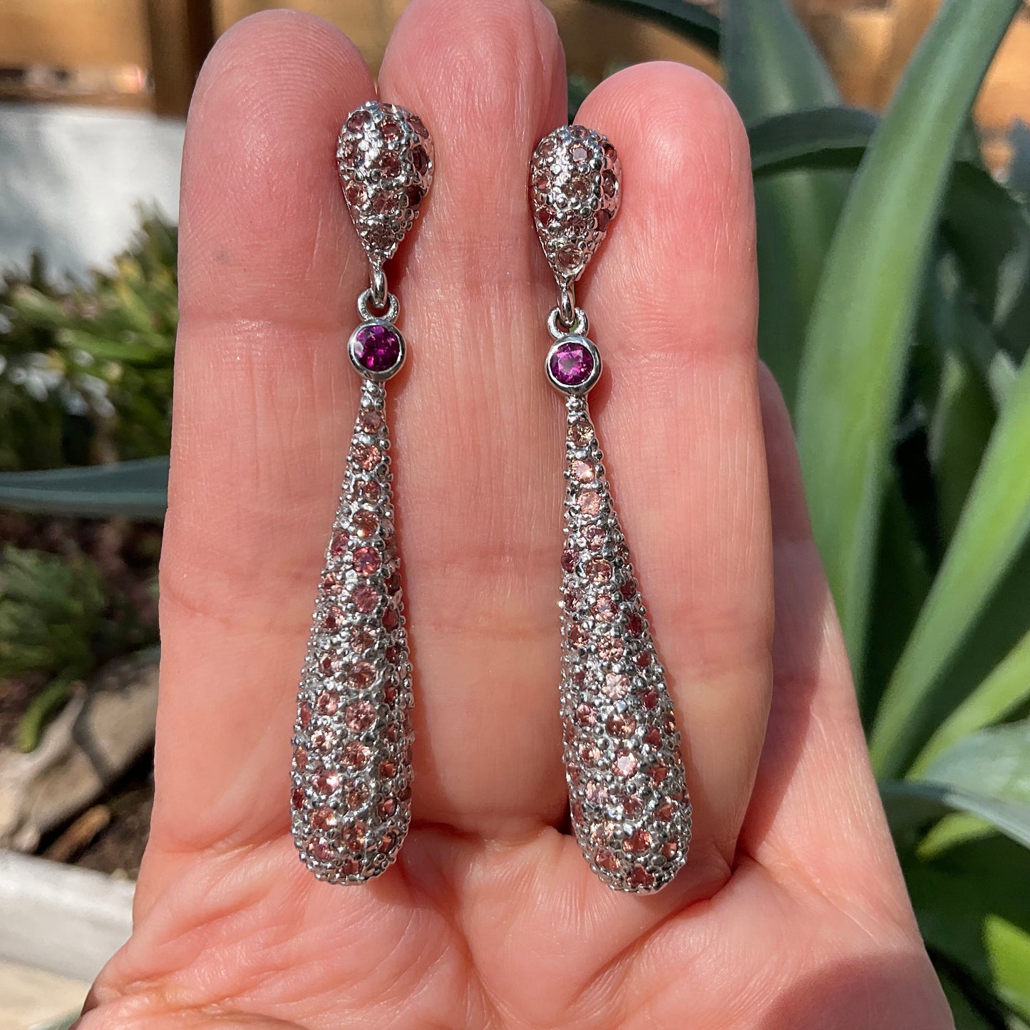 sterling silver Diamond Cut pink Sapphire dangle fancy earrings