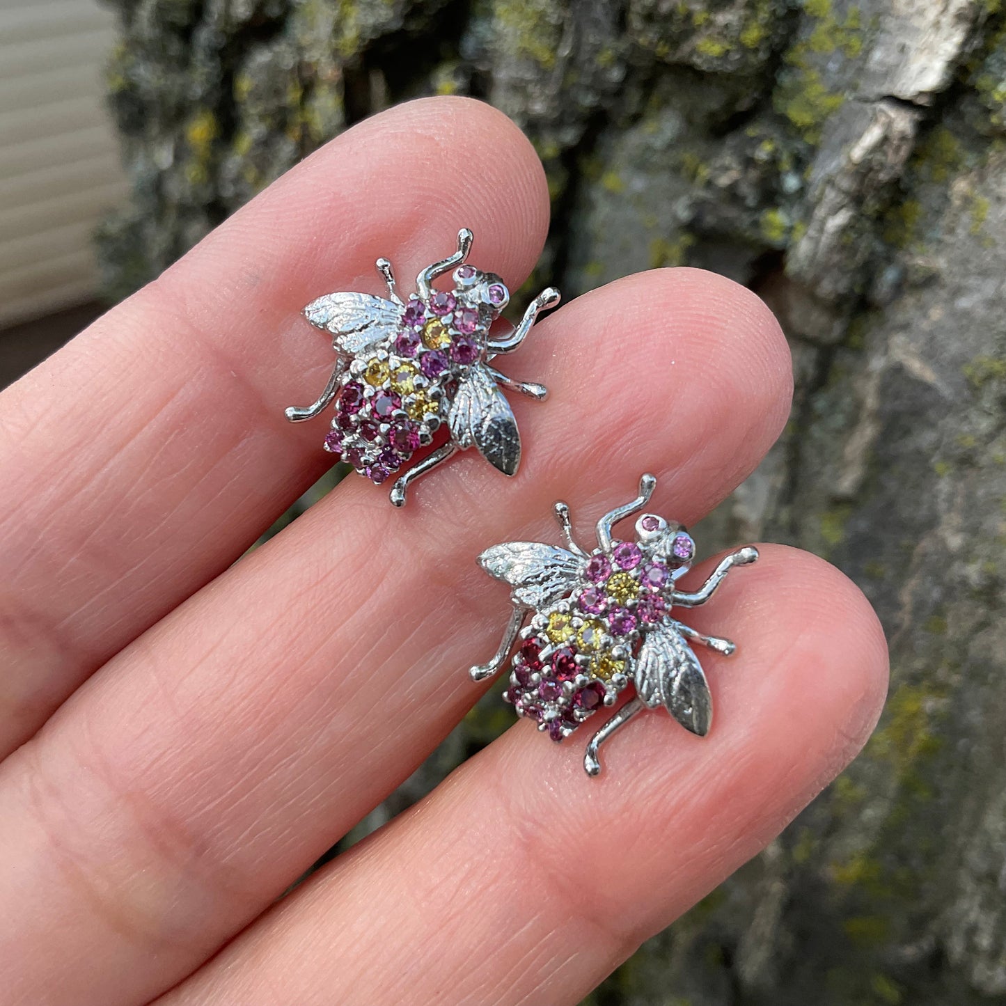 Sterling Silver bee Rhodolite sapphire post earrings