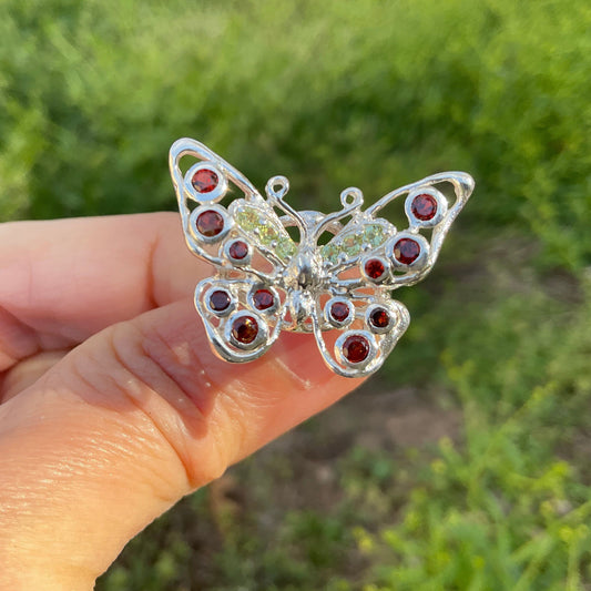 Sterling silver red garnet butterfly ring 6.5