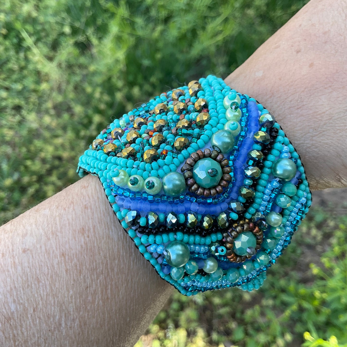 Handmade chrysocolla  Beaded Cuff bracelet Statement Multi color