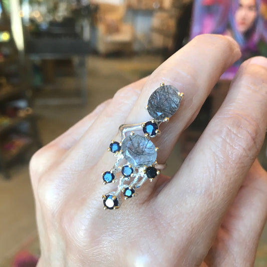 sterling silver rutilated quartz band sapphire ring 6.5