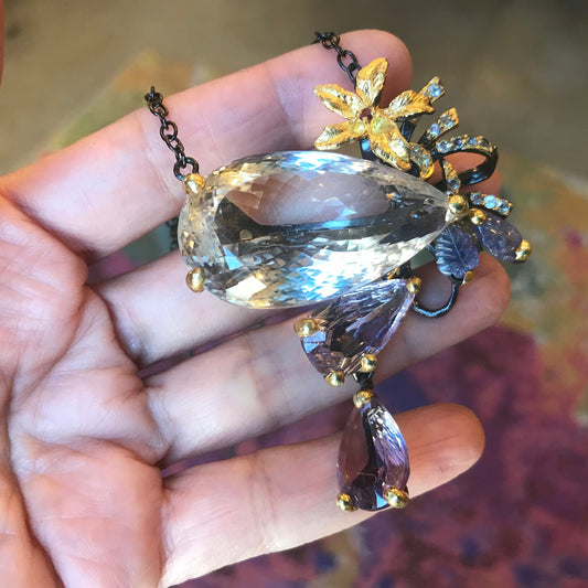 Sterling silver natural quartz amethyst statement pendant necklace