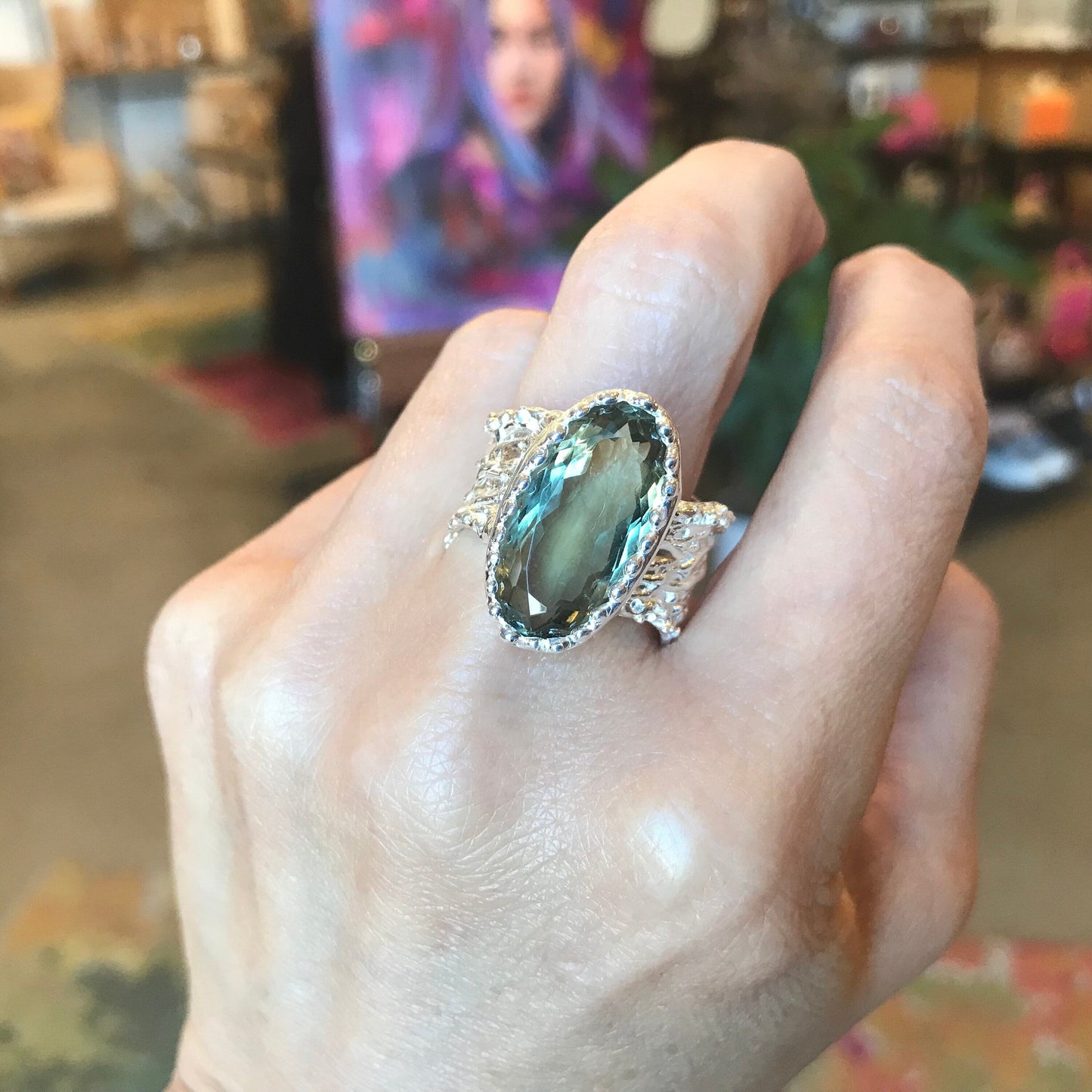 Sterling Silver green amethyst band Ring size 8 Colors Of Etnika