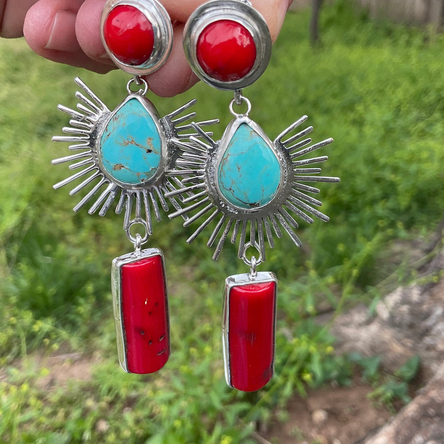Sterling Silver turquoise coral sunburst statement dangle earrings