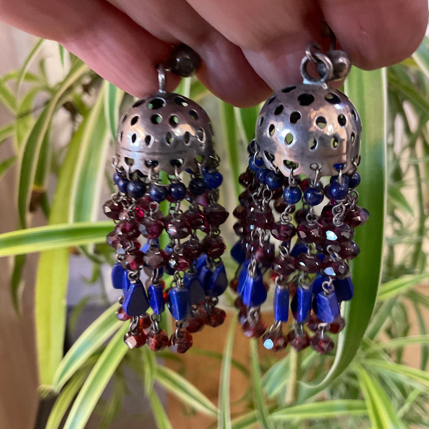 Sterling Silver lapis lazuli red garnet dangle stud earrings