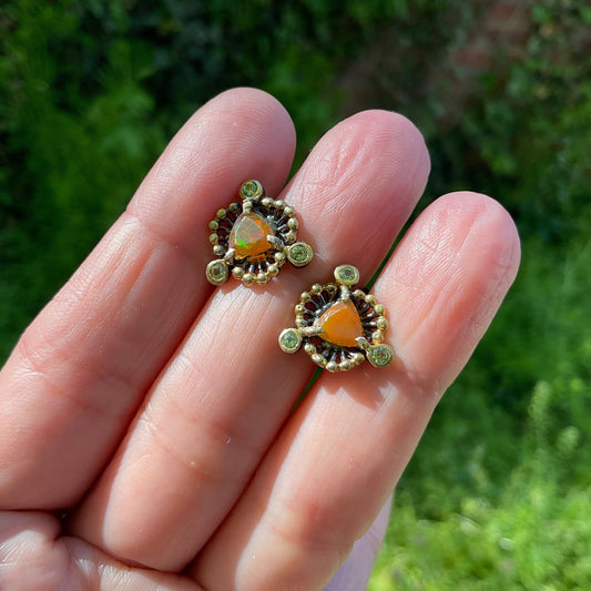 Sterling Silver Orange natural Opal peridot small stud Earrings