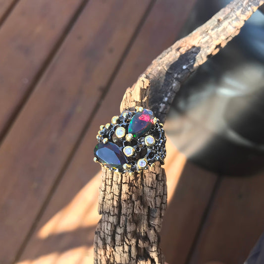 sterling silver natural fire red blue opal organic brutalist ring 9