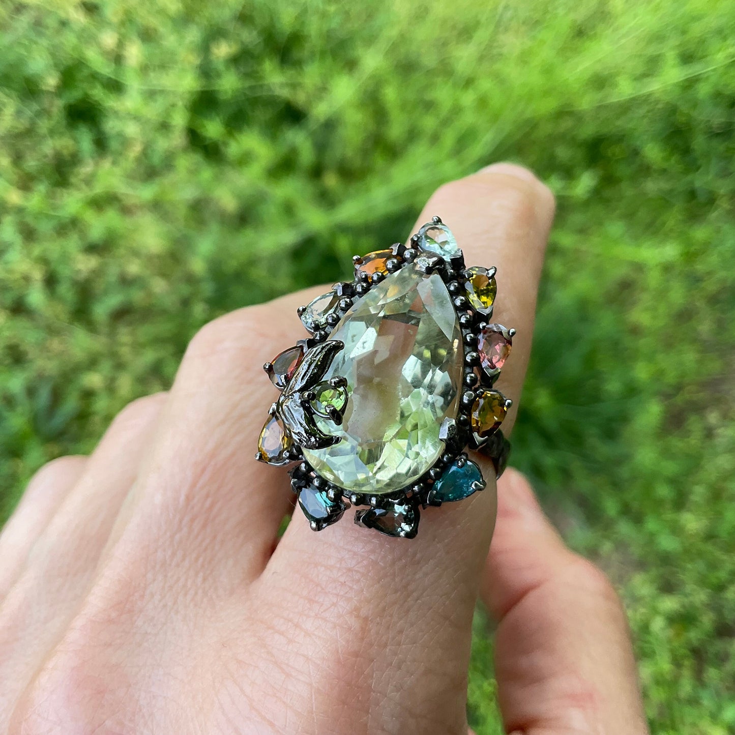 sterling Silver green amethyst tourmaline pear shape Ring 7