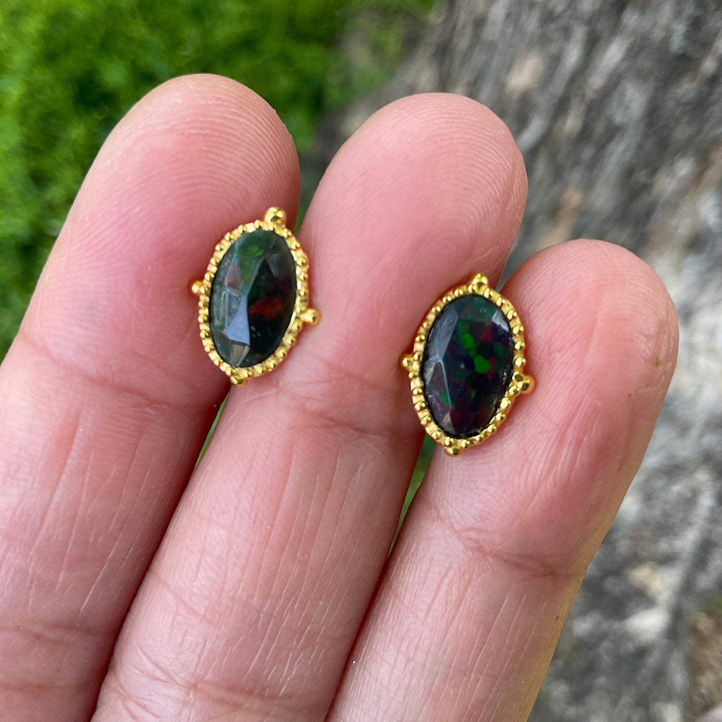 Sterling Silver Natural black Fire opal stud heirloom earrings