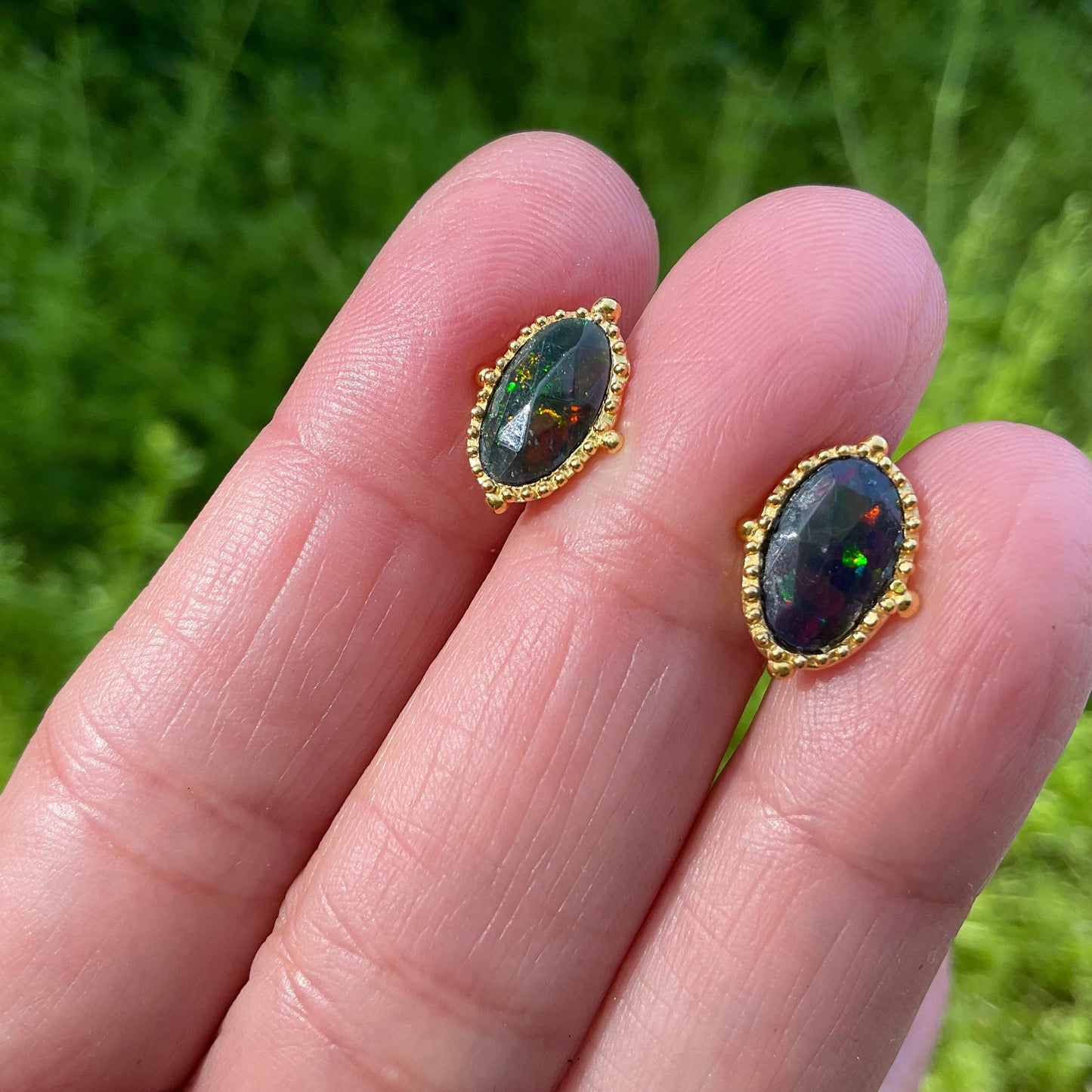 Sterling Silver Natural black Fire opal stud heirloom earrings