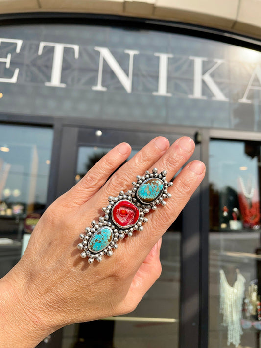 Turquoise Sterling Statement coral brutalist  adjustable cuff ring
