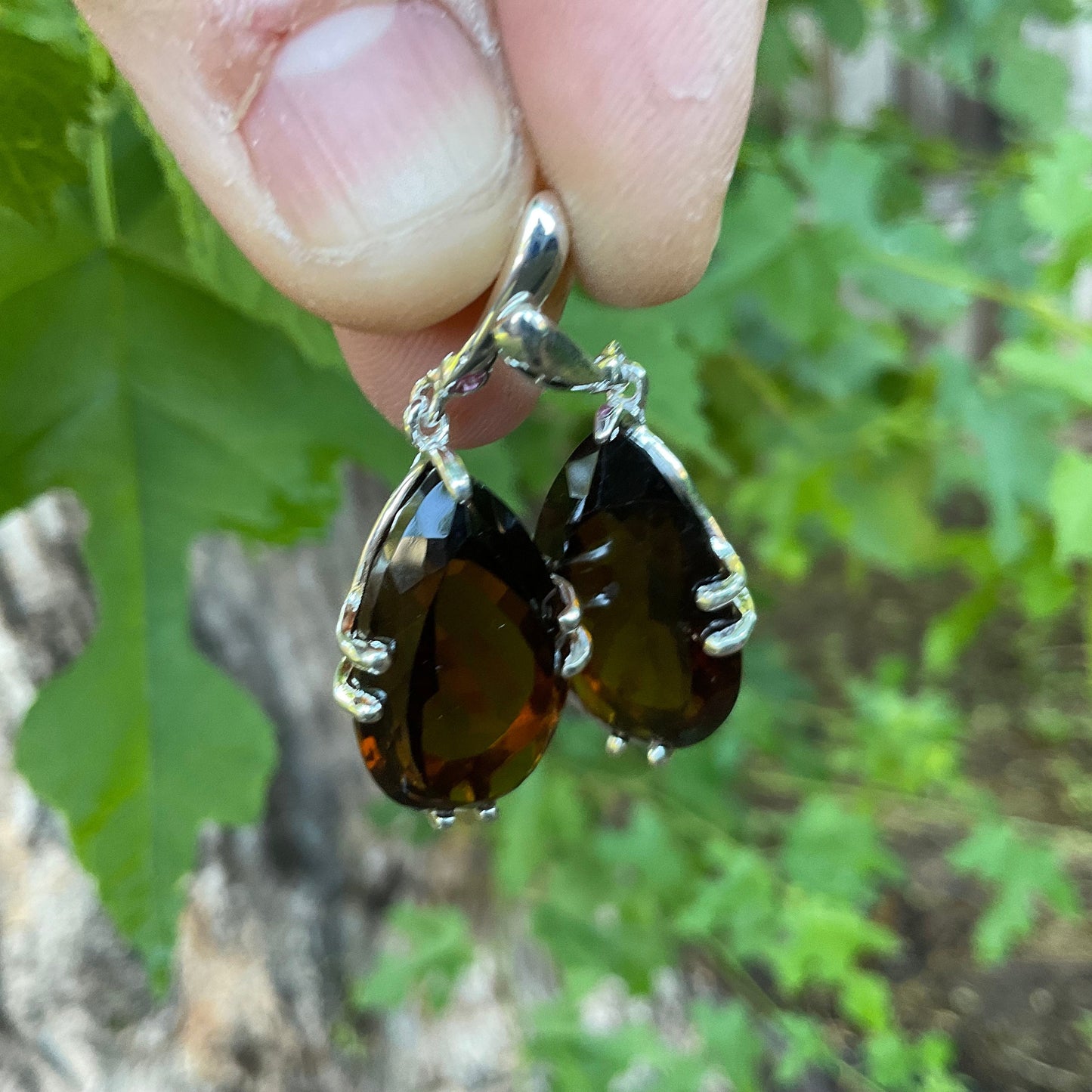 Sterling silver Smokey quartz pear shape dangle earrings