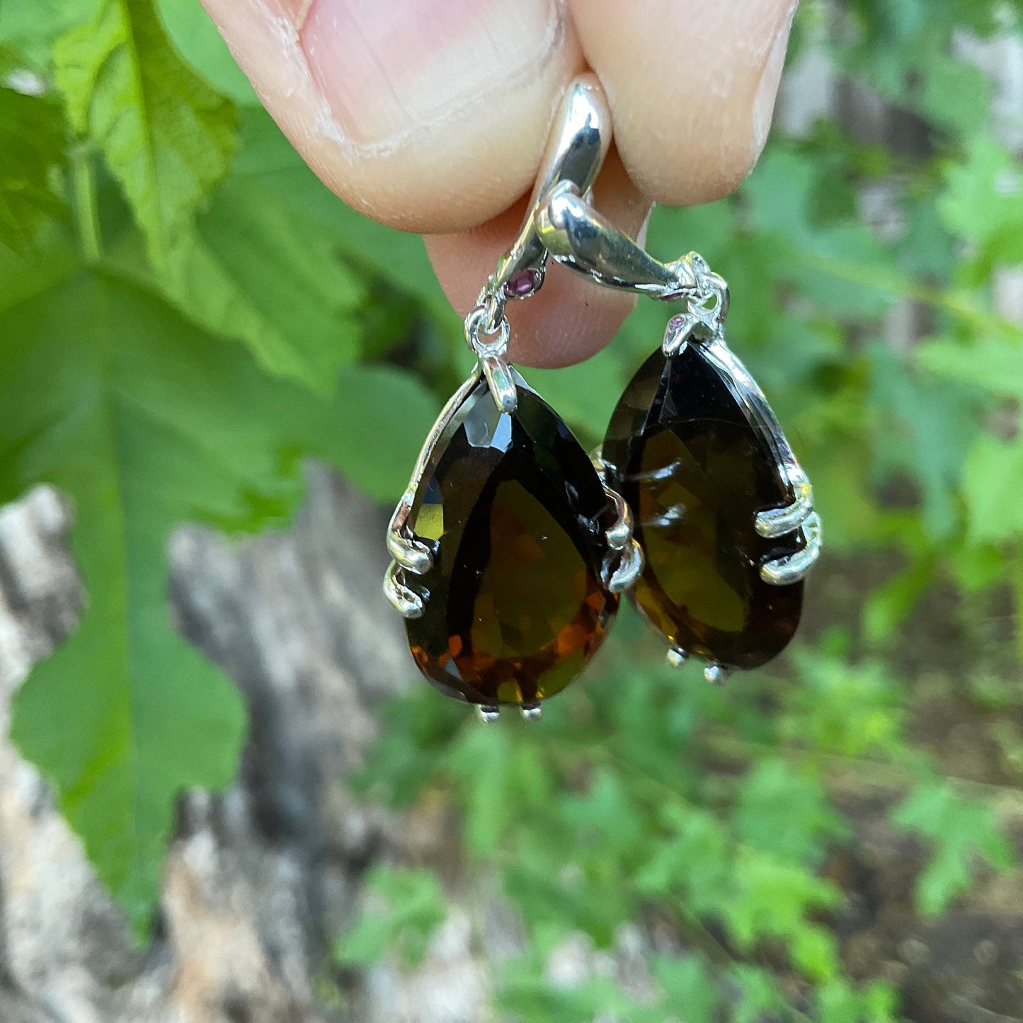 Sterling silver Smokey quartz pear shape dangle earrings