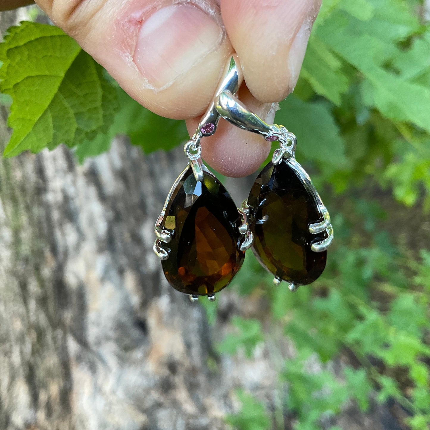 Sterling silver Smokey quartz pear shape dangle earrings