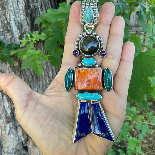 Sterling silver turquoise Child wearable art pendant with large adjustable bail